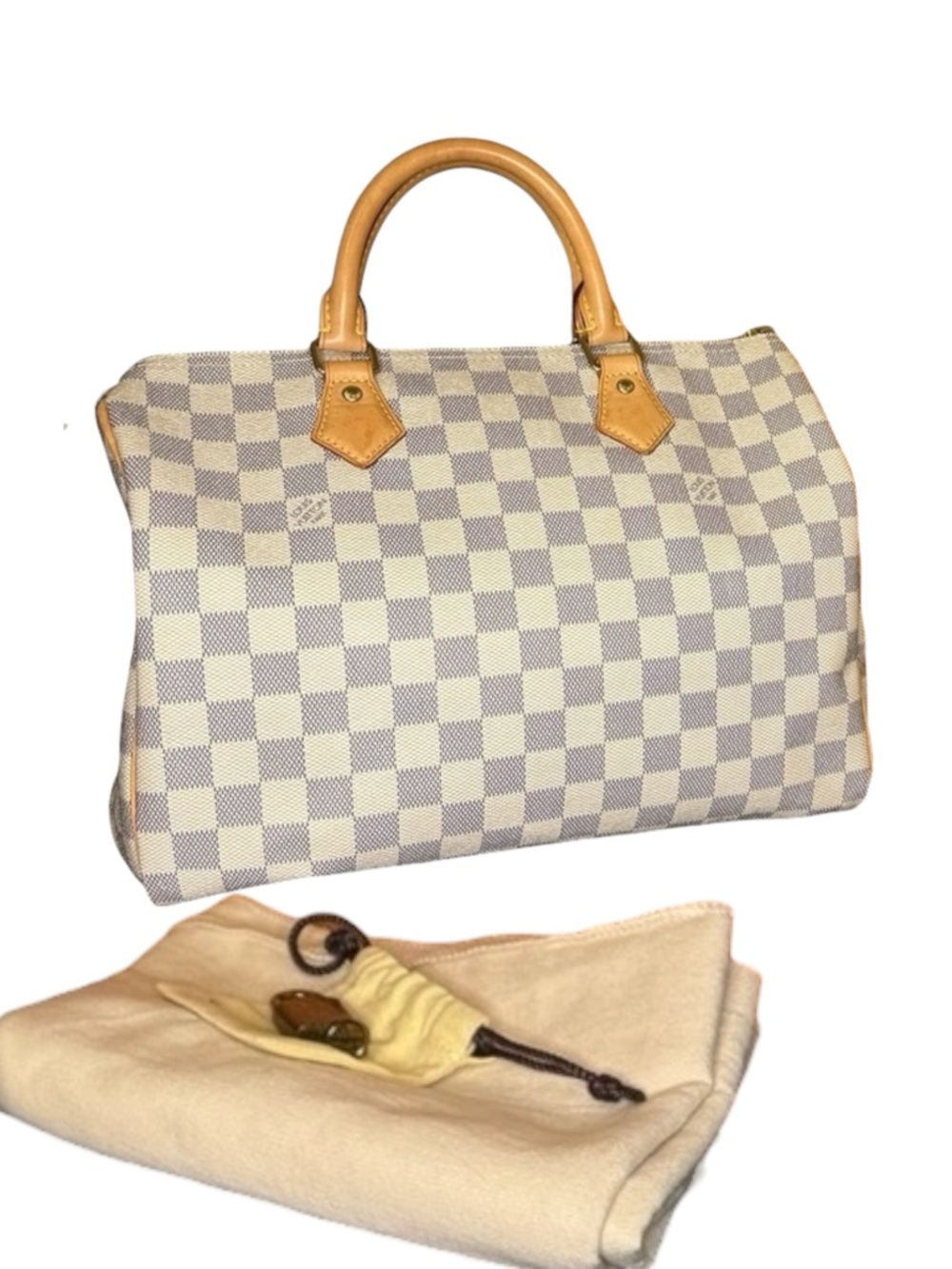 Louis Vuitton Damier Azur Speedy 30 Bag in White and Tan Excellent Condition